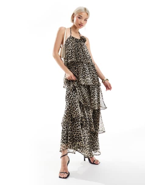 Pieces - Robe longue à imprimé léopard avec volants étagés et détail grosse fleur - view 1