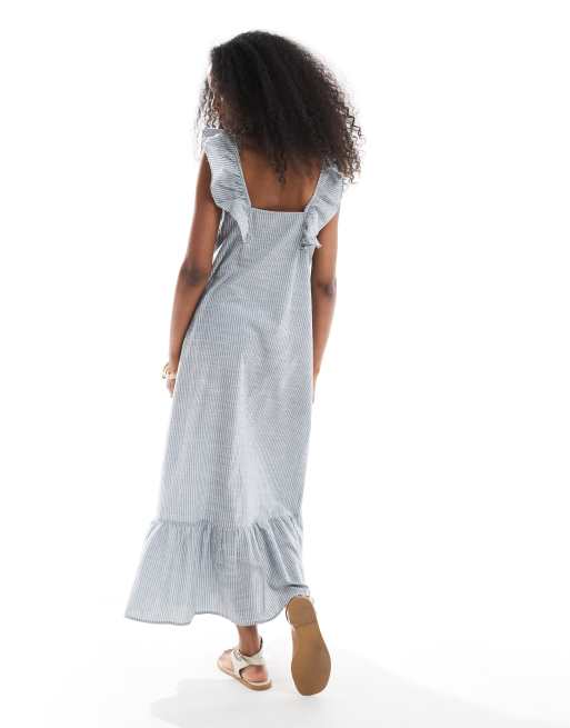 Pieces - Robe longue à rayures avec bretelles évasées à volants - Bleu, 3 de 4