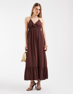 Robe longue effet froissé à dos nu - Marron acajou foncé-Brown L
