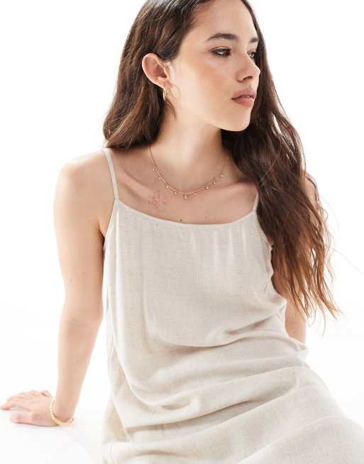 Pieces - Robe longue en lin mélangé à bretelles - Crème bouleau, 2 de 4