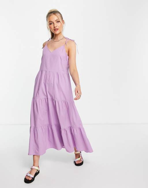 Pieces - Robe longue en popeline à volants étagés - Lilas