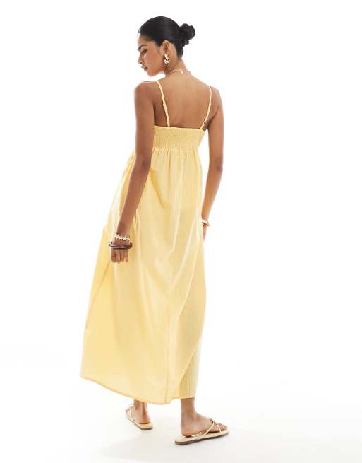 Pieces - Robe mi-longue à rayures et fines bretelles - Jaune pâle, 3 de 4