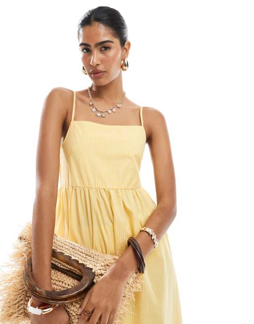 Pieces - Robe mi-longue à rayures et fines bretelles - Jaune pâle, 4 de 4