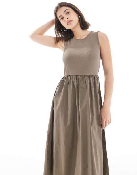 Pieces - Robe mi-longue sans manches avec jupe tissée - Marron frais - view 1