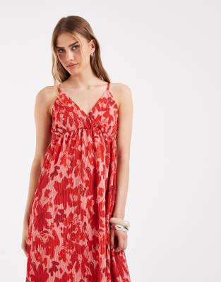 Robe plissée longue à imprimé fleuri avec bretelles fines et détail croisé - Rose et rouge L