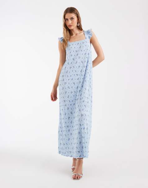 Pieces - Robe plissée longue à manches volantées - Bleu fleuri - view 1