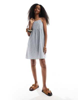 Robe rayée coupe courte et virevoltante à fronces et bretelles fines - Bleu XL