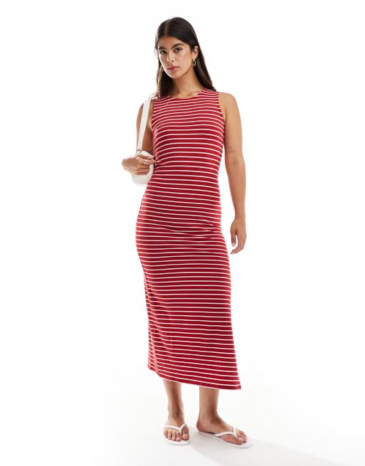 Pieces - Robe sans manches longueur mollet en jersey rayé - Rouge