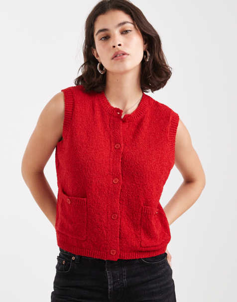 Pieces – Röd, stickad väst med knäppning framtill - view 1