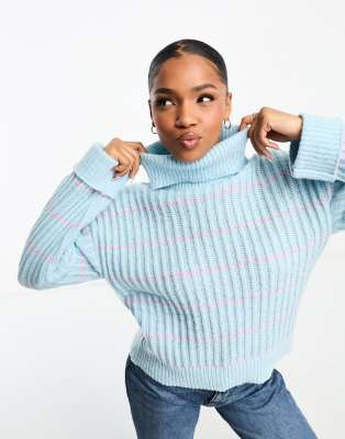 Pieces roll neck jumper in baby blue with lilac stripe