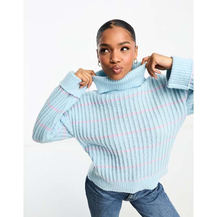 Pieces roll neck jumper in baby blue with lilac stripe ASOS