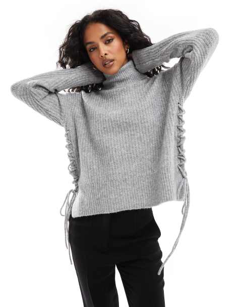 Pieces roll neck jumper with side ties in dark grey - view 1