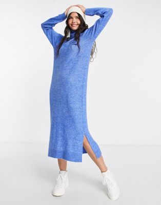 Pieces roll neck knitted midi dress in bright blue