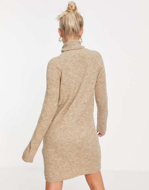 Pieces roll neck knitted midi jumper dress in camel | ASOS