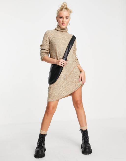 Pieces roll neck knitted midi jumper dress in camel | ASOS