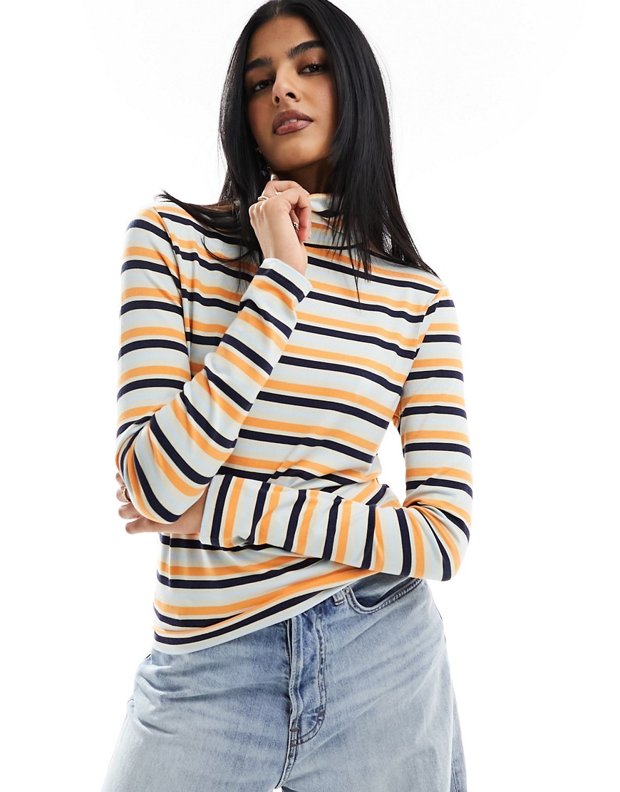 Pieces roll neck long sleeved top in multi stripe