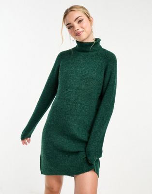 Pieces roll neck mini jumper dress in dark green