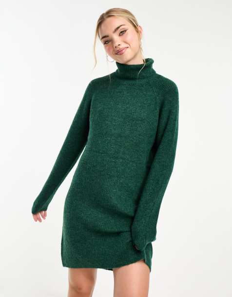 Women's Knitted Roll Neck Jumper Dress in Soft Moss Green