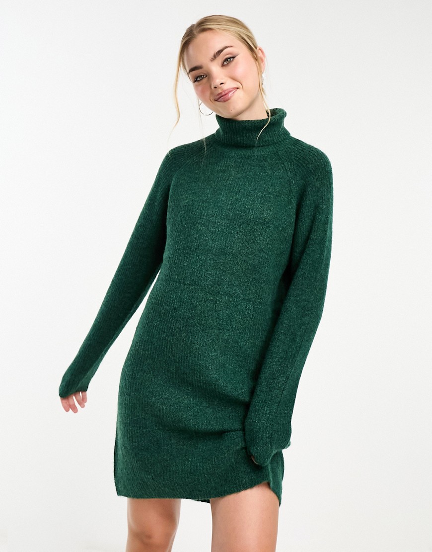 Pieces roll neck mini jumper dress in dark green