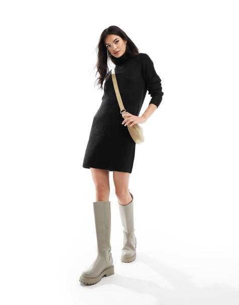 Pieces roll neck mini sweater dress in black - view 1