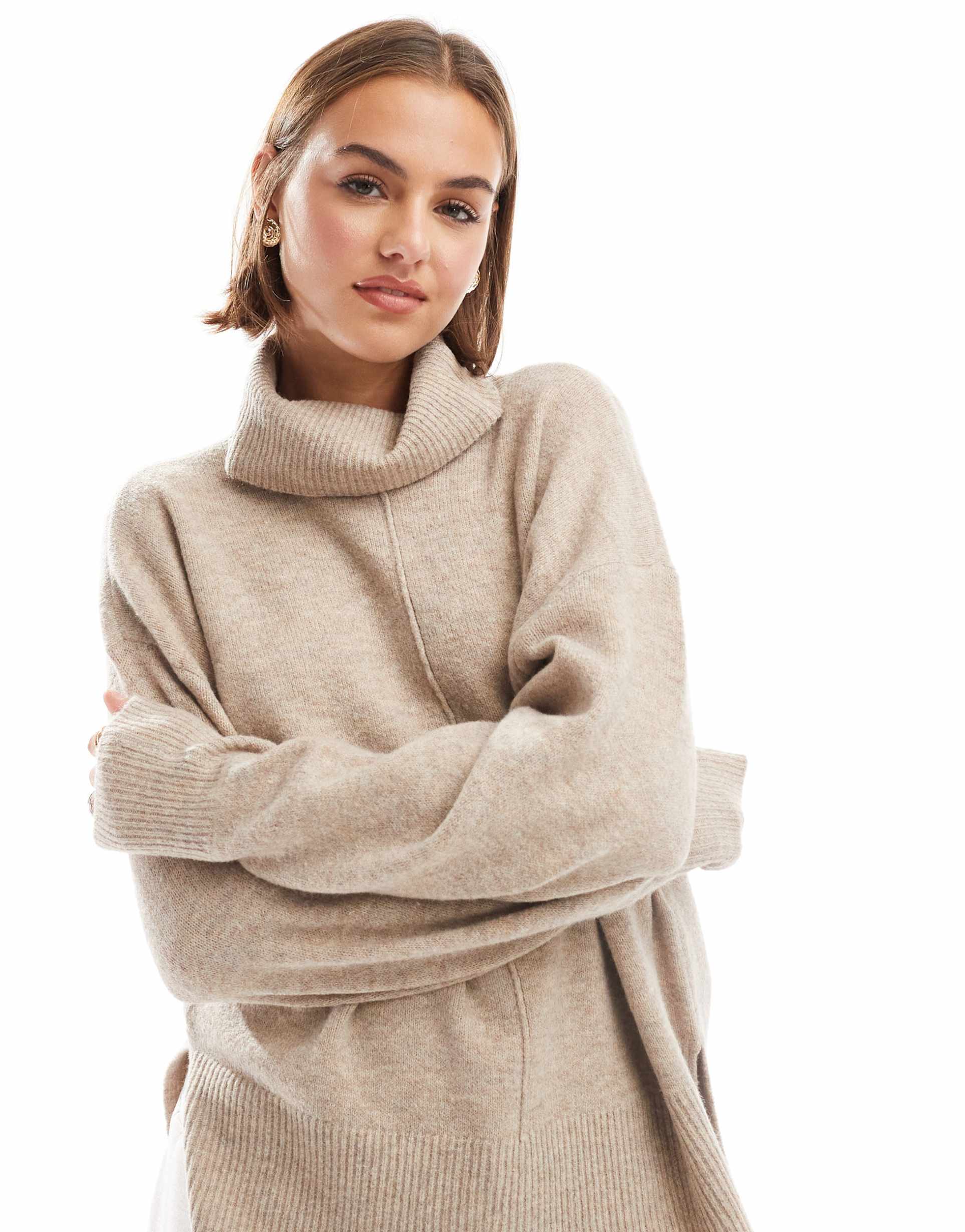 pieces roll neck sweater with seam detail front in beige