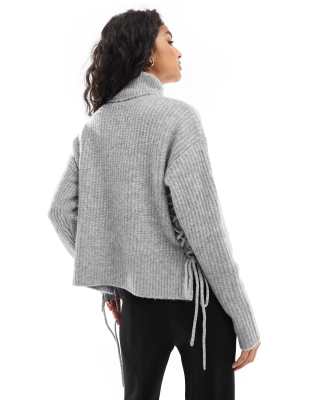 Pieces Roll Neck Sweater With Side Ties In Gray
