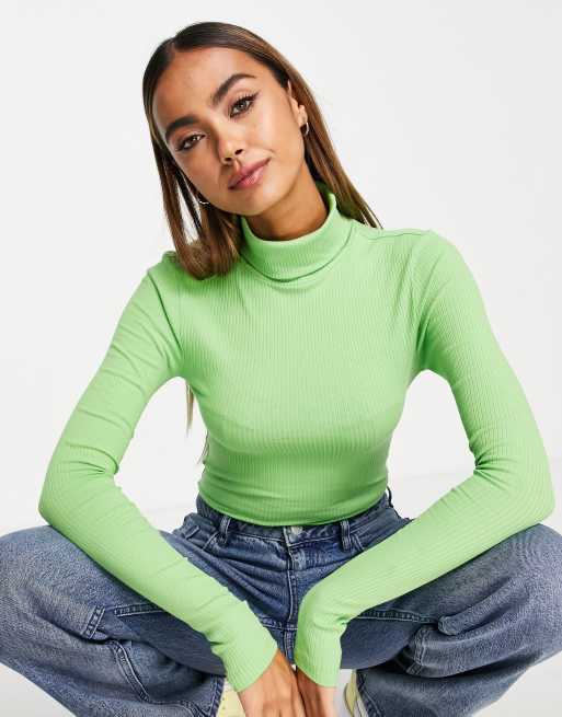 Pieces roll neck top in bright green | ASOS