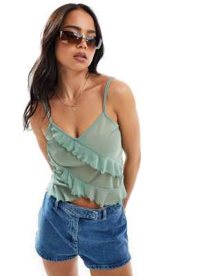 romantic sheer frill detail cami top in green