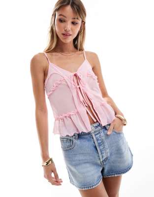 romantic sheer tie front cami top in pink