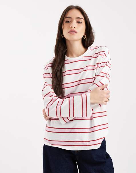 Pieces – Rosa, flerfärgad, randig t-shirt i oversize och rugbystil med långa ärmar - view 1