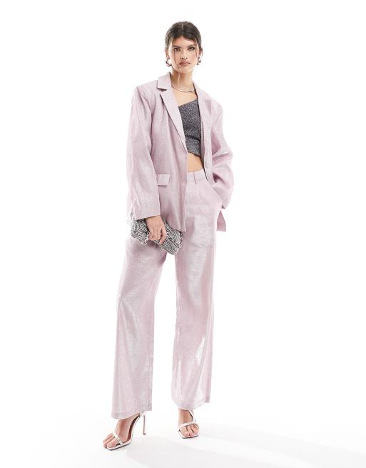 Pieces – Rosa, glittriga byxor med vida ben, del av set