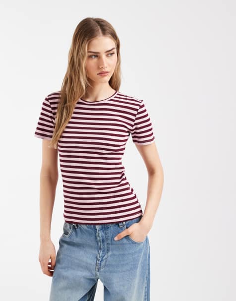 Pieces – Rosa och vinröd, randig, ribbad t-shirt med korta ärmar - view 1