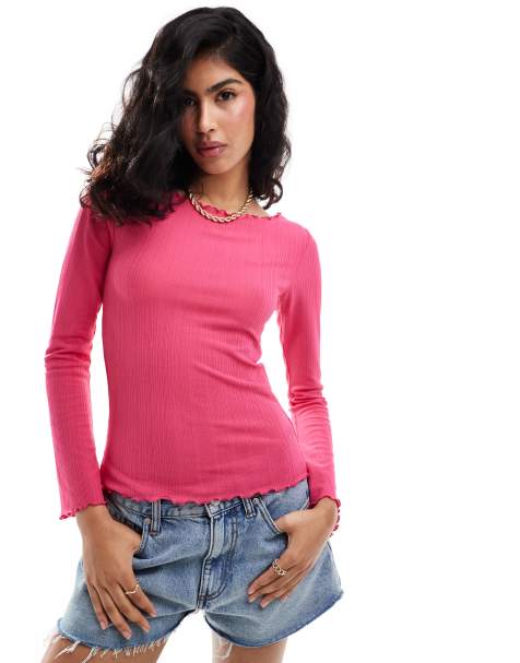 Pieces – Rosa, strukturerad topp med klockärm - view 1