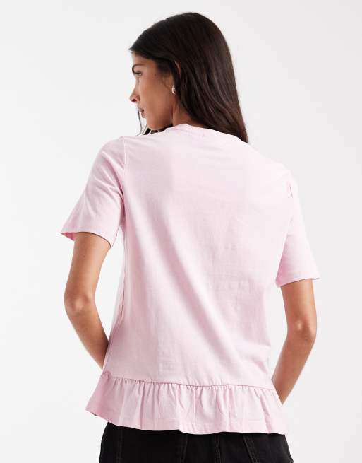 Pieces - Rosa T-shirt med flæsekant, 2 af 4