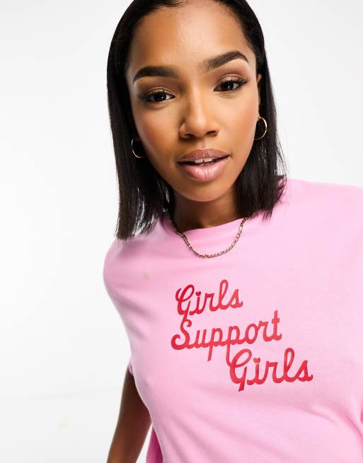 Pieces – Rosa t-shirt med "Girls Support Girls"-text, 2 av 4