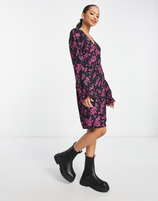 Pieces rose wrap dress in black floral ASOS