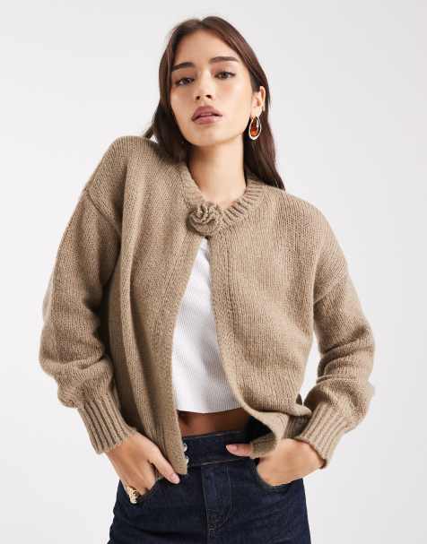 Pieces rosette detail knitted cardigan in beige - view 1