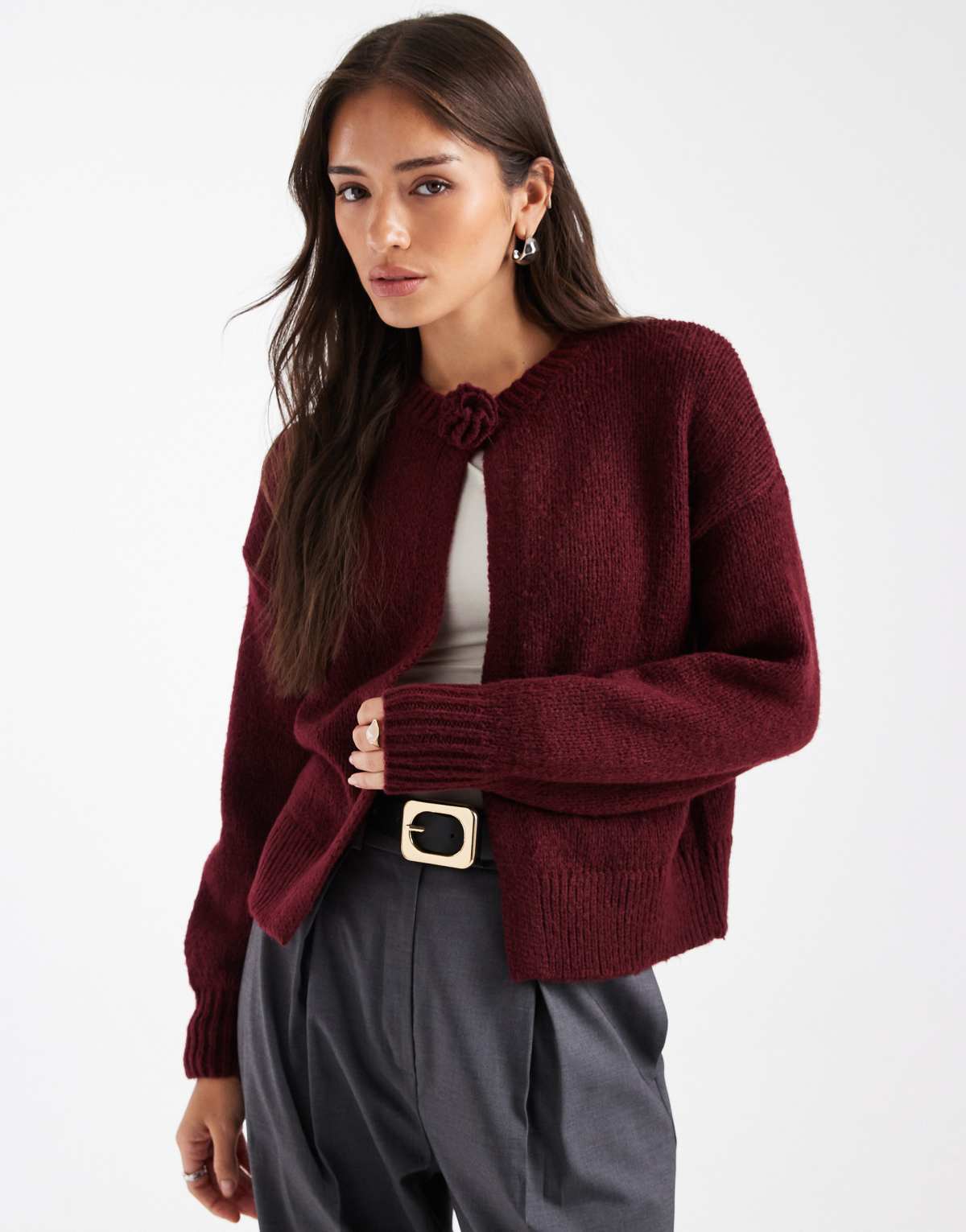 Pieces rosette detail knitted cardigan in burgundy