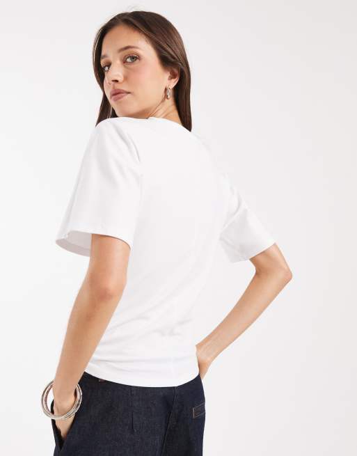 PIECES rouched cinch waist t-shirt in white, 4 of 4