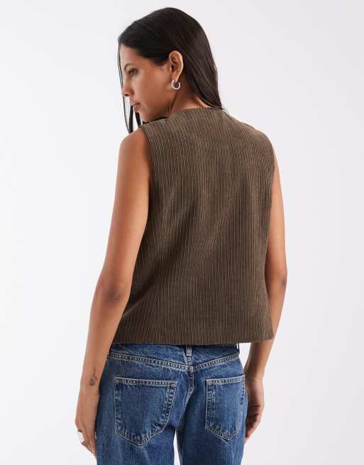 PIECES round neck cord waistcoat in chocolate brown (part of a set), 2 of 4