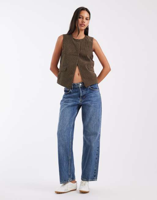 PIECES round neck cord waistcoat in chocolate brown (part of a set), 3 of 4