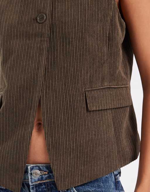 PIECES round neck cord waistcoat in chocolate brown (part of a set), 4 of 4