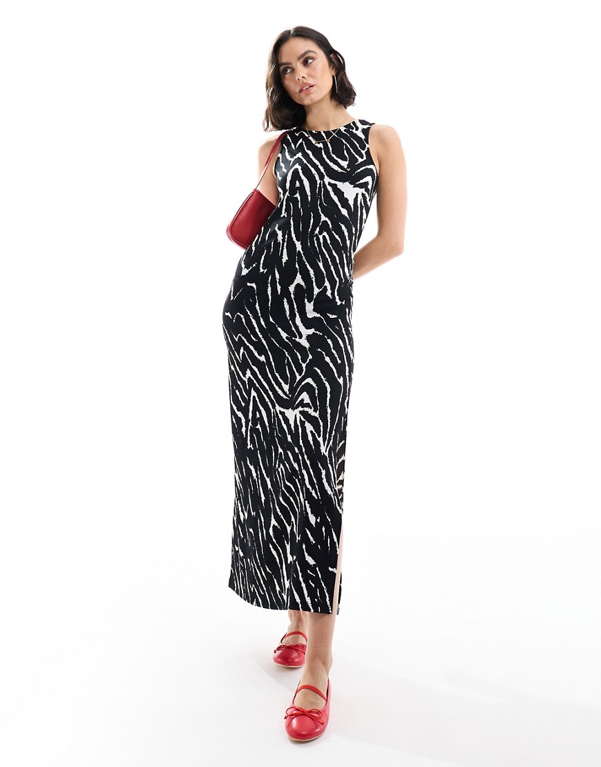 Pieces round neck sleeveless maxi dress in black zebra print