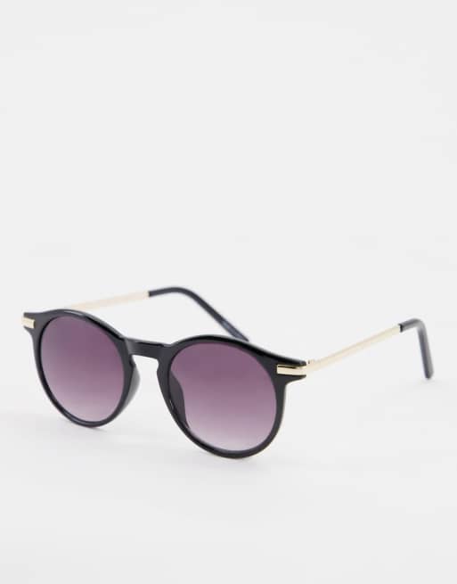Pieces round sunglasses with gold arms in black ASOS