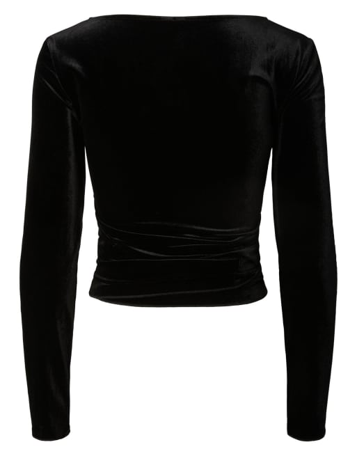 Pieces Roya top cruzado de terciopelo con cuello de pico y manga larga en negro, 7 de 7