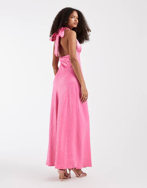 Pieces – Różowa, błyszcząca, satynowa sukienka maxi z dekoltem halter, 4 z 4