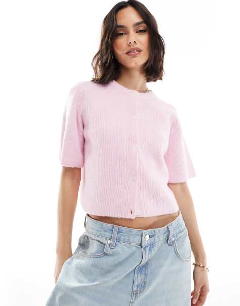 Pieces soft knit short sleeve cardigan in rose pink
