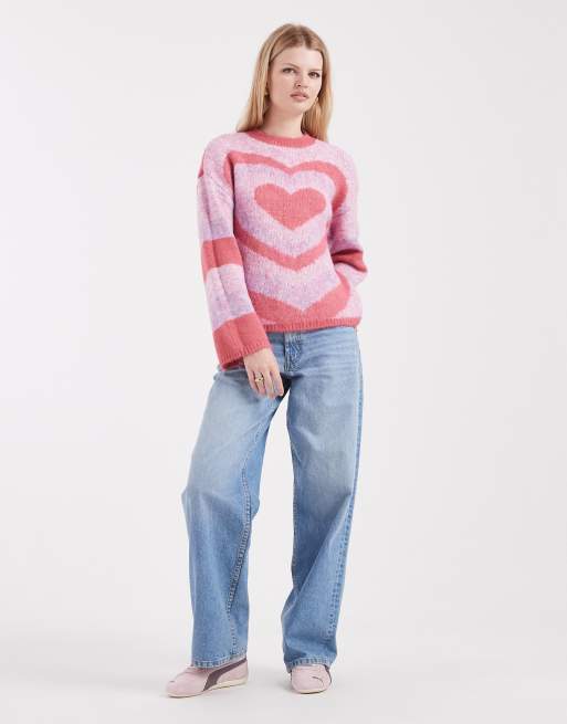 Pieces – Różowy sweter oversize we wzór w serca, 2 z 4