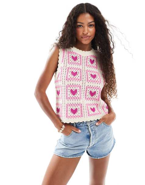 Pieces – Różowy top bez rękawów z szydełkowej dzianiny - view 1