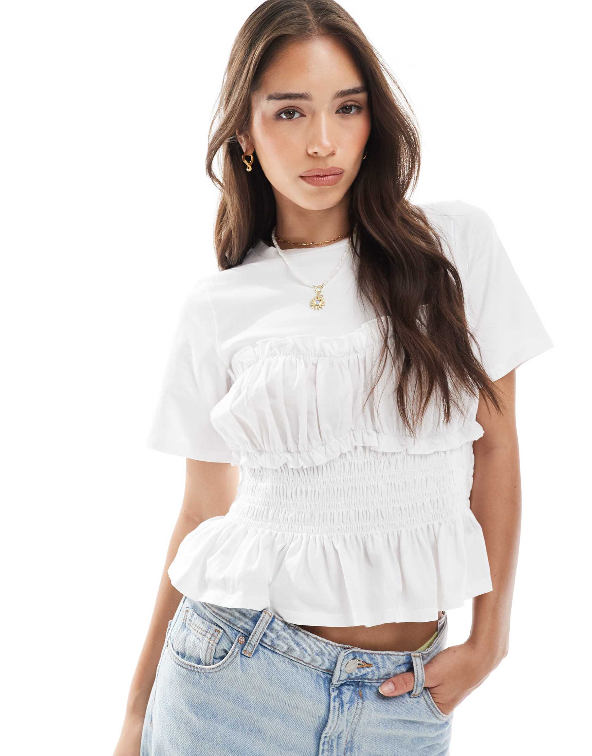 pieces ruched bodice t-shirt in white